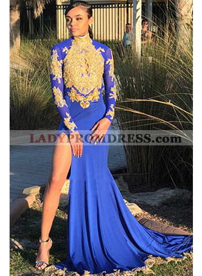 2022 Long Sleeves Royal Blue High Neck Side Slit Gold Appliques Prom Dresses