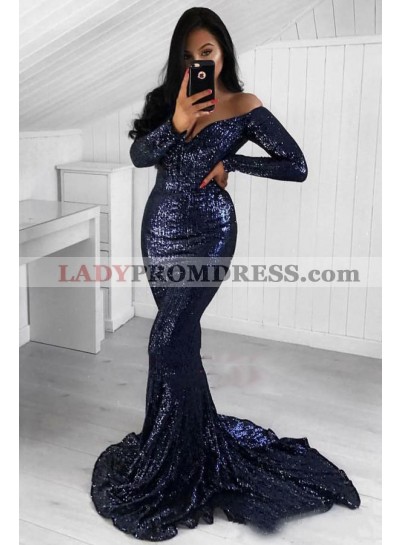 2023 Sexy Mermaid Off Shoulder Long Sleeves Dark Navy Sequence Long Prom Dresses