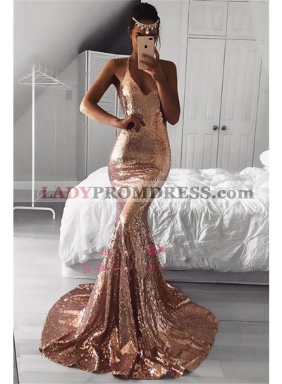 2022 Cheap Mermaid Dusty Rose V Neck Backless Sequence Backless Prom Dresses