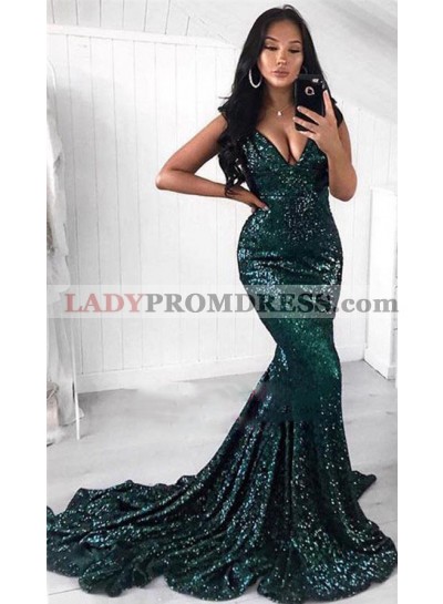 2023 Charming Sequence Dark Green V Neck Long Prom Dresses