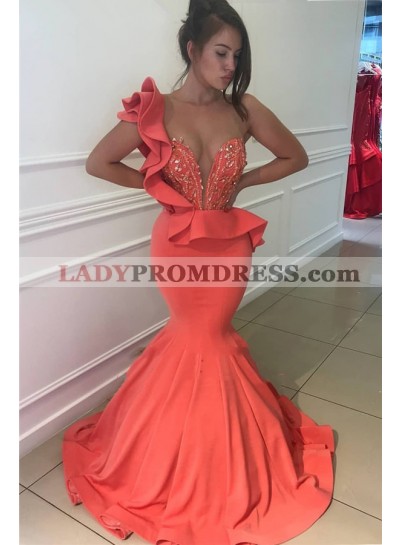 2022 Sexy Mermaid Satin Coral One Shoulder Beaded Sweetheart Ruffles Prom Dresses