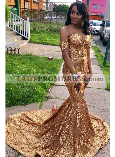 2023 Sexy Gold Mermaid Off Shoulder Sweetheart Sequence Long Prom Dresses