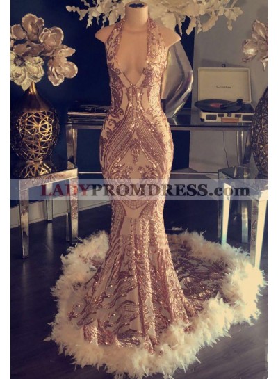 2023 Sexy Gold Sequence V Neck Halter Backless Feathers Prom Dresses