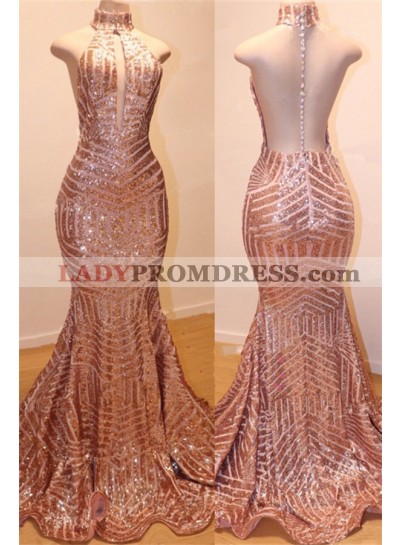 2023 Charming High Neck Dusty Rose Backless Open Front Sequence Long Prom Dresses