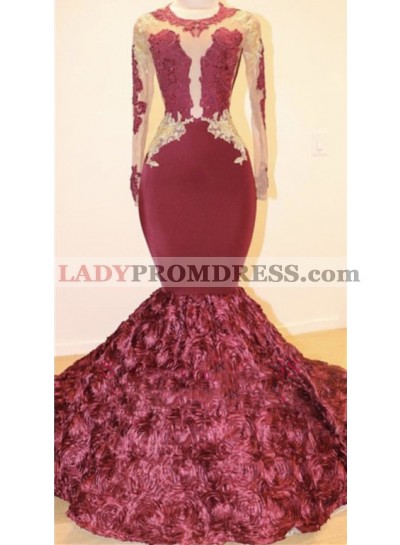 2023 New Arrival Mermaid Long Sleeves Burgundy Gold Appliques Rose Prom Dresses