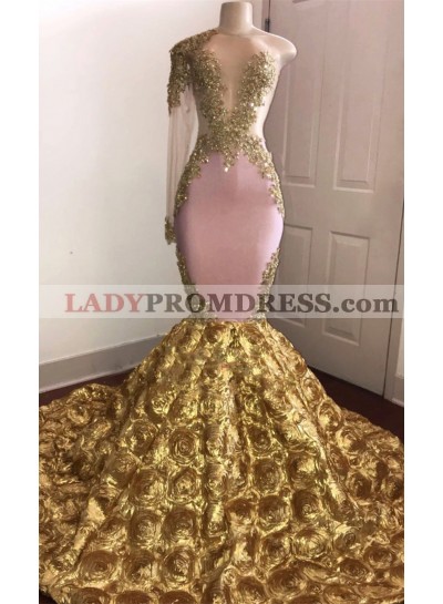 2023 New Arrival One Shoulder Gold Rose See Through Long Prom Dresses