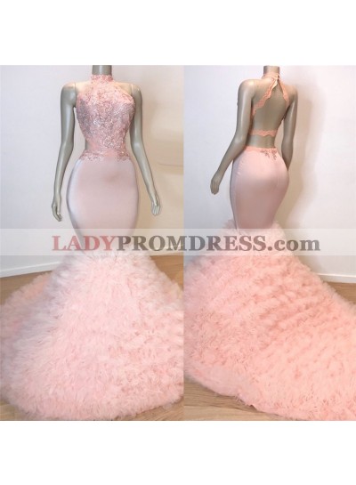 2023 New Arrival Mermaid Backless Tulle Pink High Neck Lace Prom Dresses