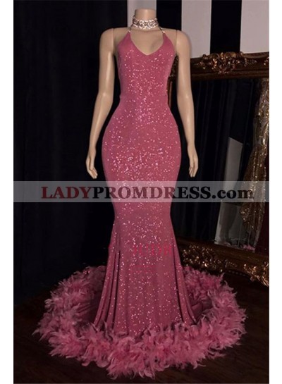 2023 Charming Mermaid Hot Pink Sequence With Feathers Halter Backless Prom Dresses