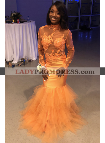 2023 Mermaid Organza Long Sleeves High Neck Tulle See Through Prom Dresses With Appliques