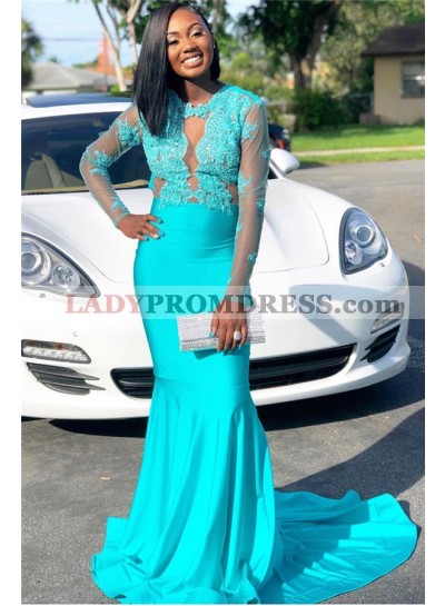 2023 Sheath Long Sleeves Blue Open Front Lace Prom Dresses