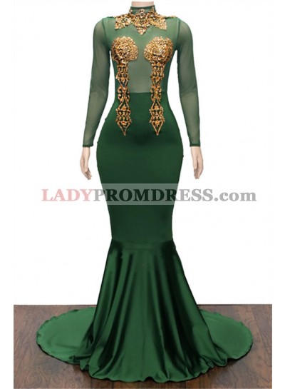2023 Charming Hunter Long Sleeves High Neck Gold Appliques Prom Dresses