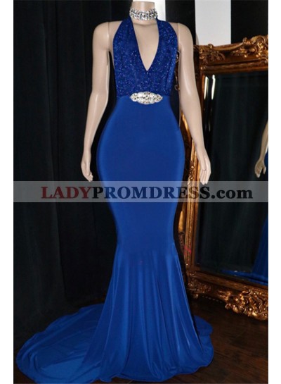 2023 Sexy Royal Blue Mermaid Halter Beaded V Neck Prom Dresses