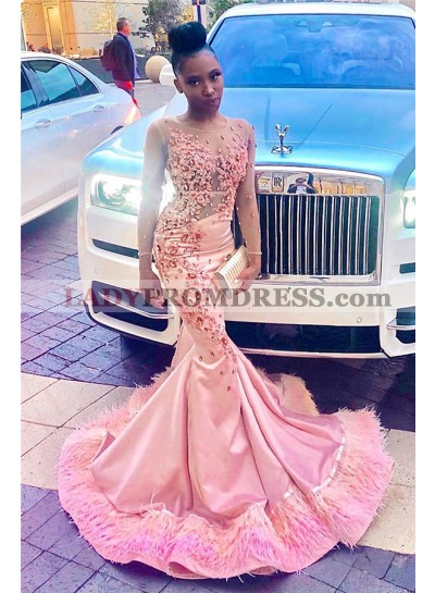 2023 Charming Pink Satin Long Sleeves Scoop Beaded Feathers Long Prom Dresses