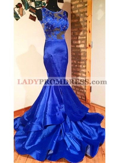 2023 New Arrival Mermaid Elastic Satin Royal Blue Lace Prom Dresses