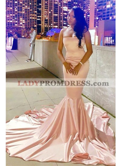 2023 Cheap Strapless Elastic Satin Pink Long Prom Dresses
