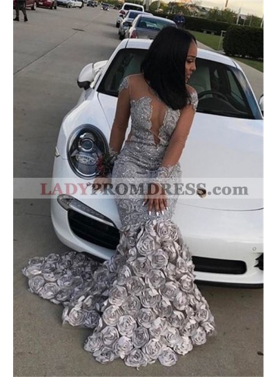New Arrival Mermaid Silver Long Sleeves Rose Open Front Long Prom Dresses 2023