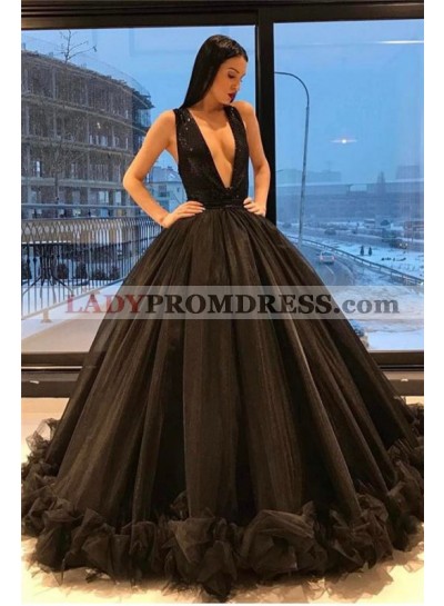 2023 New Arrival Ball Gown Deep V Neck Backless Black Prom Dresses