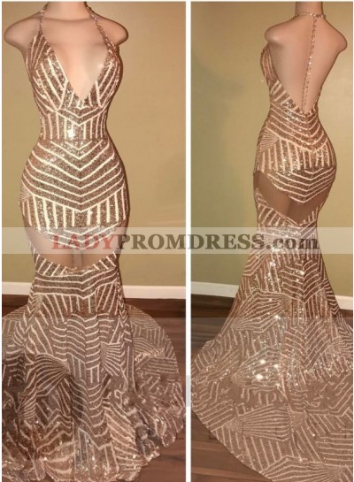 2023 New Arrival Mermaid Halter V Neck Sequence Champagne Backless Prom Dresses