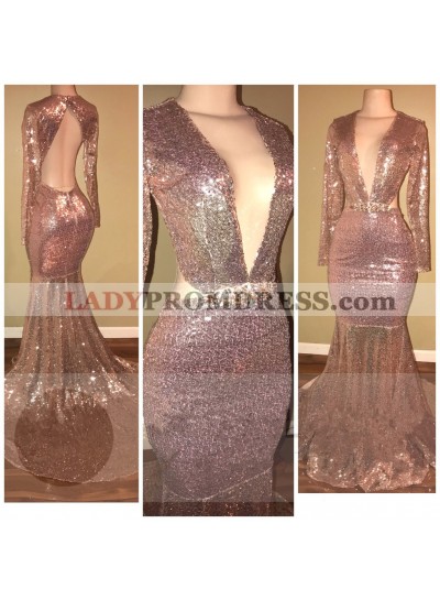 2023 Pink Sequence Mermaid Long Sleeves V Neck Hollow Out Backless Prom Dresses