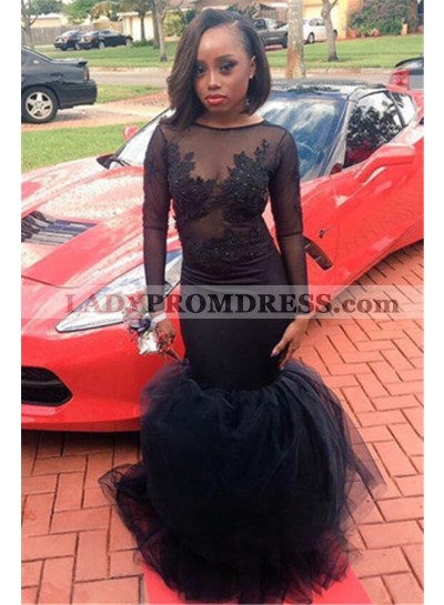 2023 Charming Black Mermaid Long Sleeves Tulle Scoop See Through Prom Dresses