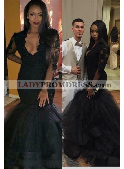 Sexy Black Long Sleeves Mermaid Open Front Tulle Prom Dresses 2023