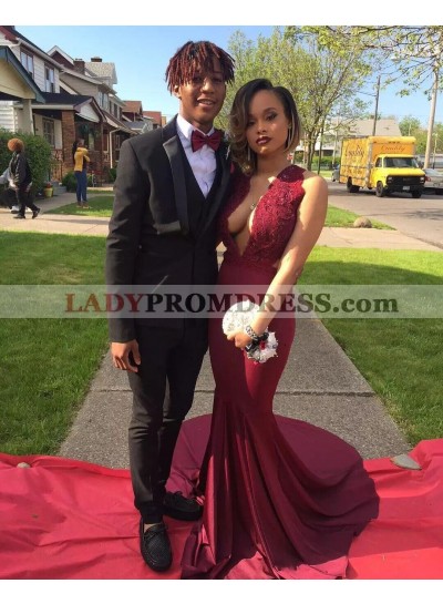 2023 Charming Mermaid Burgundy Lace Open Front Long Prom Dresses