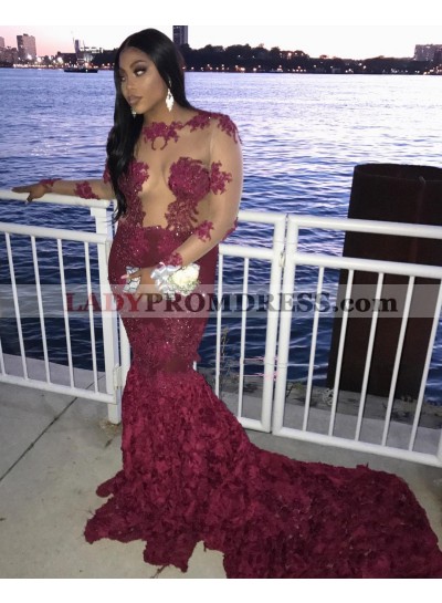 2023 Sexy Mermaid Long Sleeves Burgundy See Through Rose Lace Long Prom Dresses