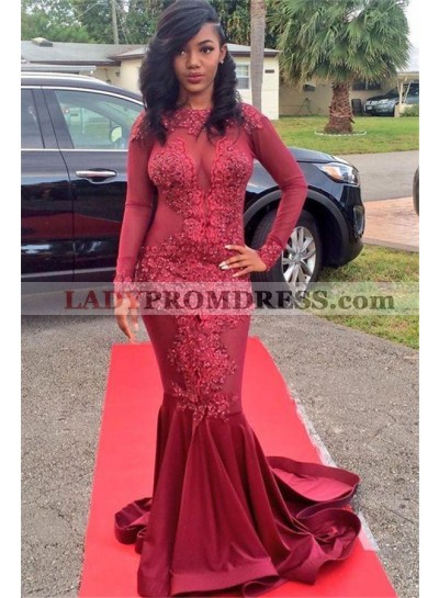 2023 Sexy Mermaid Long Sleeves Burgundy Satin See Through Prom Dresses With Appliques