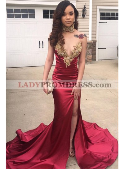 2023 Charming Burgundy Elastic Satin Side Slit Sweetheart With Gold Appliques Prom Dresses