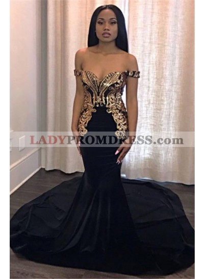 2023 Sexy Mermaid Black Off Shoulder Sweetheart Satin Gold Lace Prom Dresses