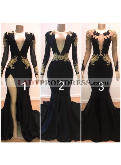 2023 Sexy Black Mermaid Long Sleeves V Neck Gold Appliques Prom Dresses