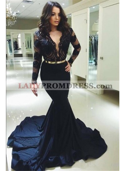 2023 Charming Black Mermaid Satin V Neck Long Sleeves Lace Prom Dresses