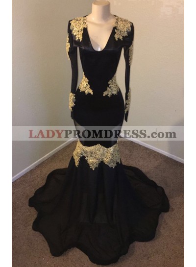2023 Sexy Black Mermaid Long Sleeves V Neck With Gold Appliques Prom Dresses