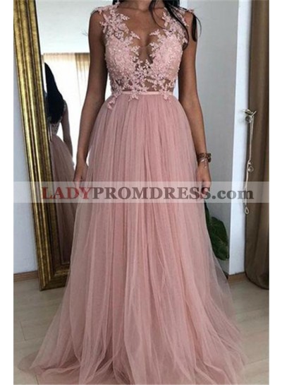 Cheap 2023 A Line Blush Pink Tulle Prom Dresses With Appliques