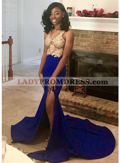 2023 Sexy Royal Blue Sheath See Through Side Slit With Gold Appliques Prom Dresses