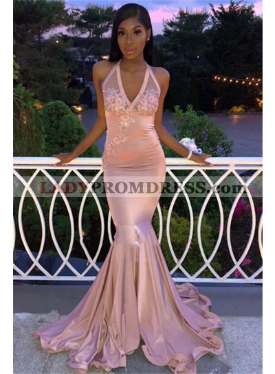 Sexy Satin Dusty Rose Halter Backless Embroidery Prom Dresses 2023