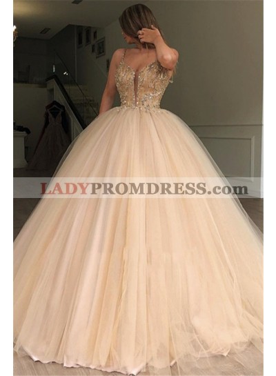 2023 Charming Sweetheart Tulle Champagne Beaded Ball Gown Prom Dresses