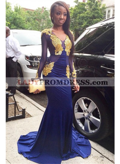 2023 Charming Sheath Royal Blue V Neck Long Sleeves Gold Appliques Prom Dresses
