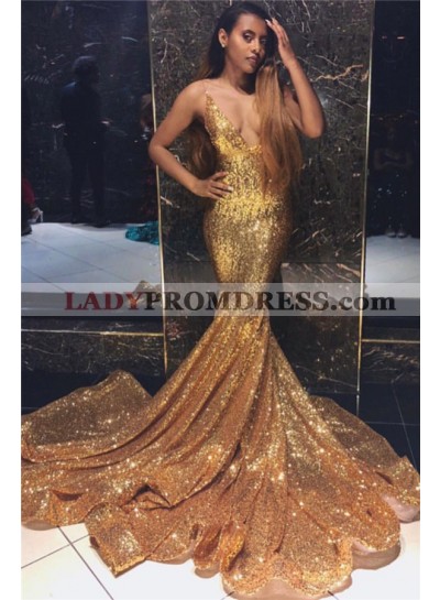 2023 Sexy Mermaid Gold Deep V Neck Sequence Long Prom Dresses
