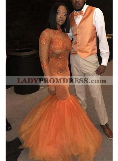 2023 New Arrival Mermaid Long Sleeves Orange See Through Lace Prom Dresses
