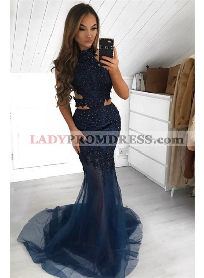 2022 Cheap Mermaid Dark Navy Tulle High Neck Hollow Out Prom Dresses With Appliques