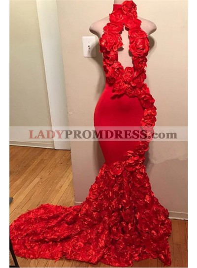 Sexy Red Mermaid High Neck Rose Open Front Backless Prom Dresses 2023