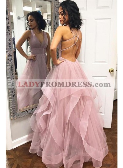 Cheap A Line Tulle Backless Dusty Rose V Neck Prom Dresses 2023
