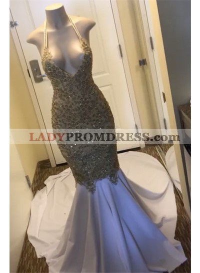 2023 Charming Mermaid Satin White Beaded V Neck Halter Backless Prom Dresses