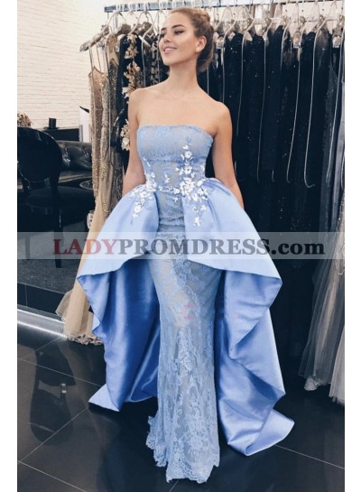 2023 Elegant Blue Satin Lace Sheath Straps Embroidery Prom Dresses