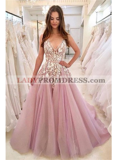 2022 Cheap A Line New Arrival V Neck Lace Dusty Rose Tulle Prom Dresses