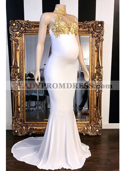 2023 Cheap Mermaid White Gold Appliques High Neck Prom Dresses