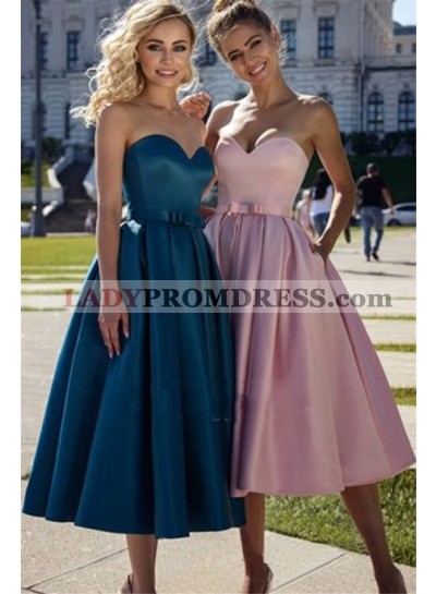 Elegant A Line Satin Sweetheart Pink Tea Length 2023 Short Prom Dresses