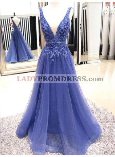 Cheap A Line Royal Blue V Neck Tulle Prom Dresses With Appliques 2022