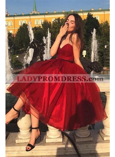 Cheap A Line Sweetheart Tea Length Burgundy Organza Short 2023 Prom Dresses